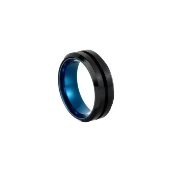 Anillo de acero inoxidable color negro con franja azul metálico